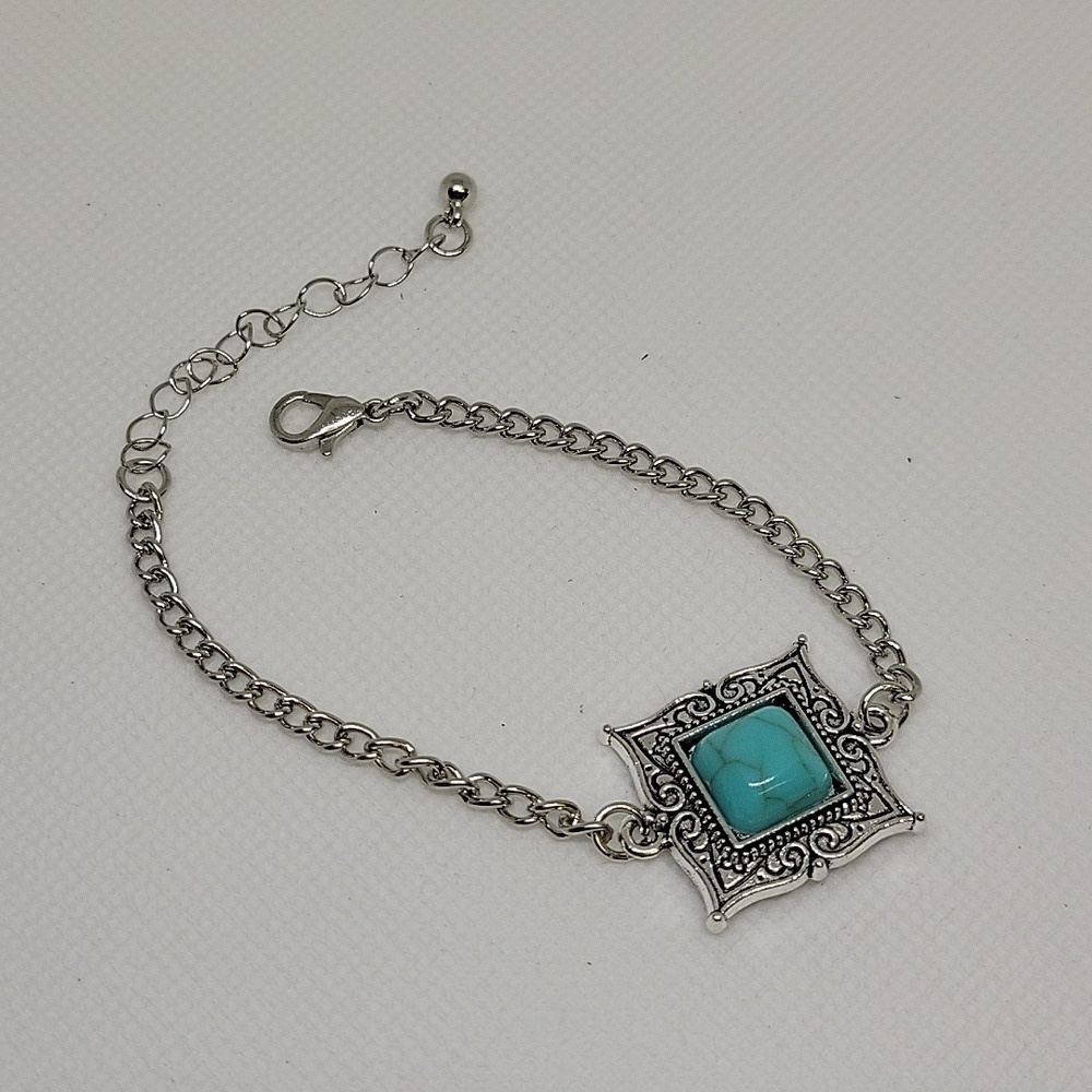 Western Silver Tone Turquoise Faux 7" + 2" Extension Bracelet Ankle or Bracelet